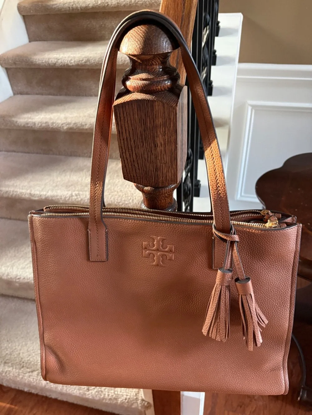Tory Burch Chestnut Brown Pebbled Leather Tote with Tassel - Picture 8 of 10